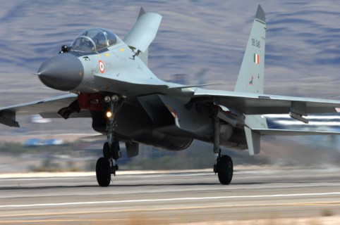 An Indian Air Force SU-30 Fighter lands at Nellis Air Force Base, Nev., August 6, 2008 for participation in Red Flag 08-4. This marks the first time in history that the Indian Air Force has participated in a Red Flag exercise here at Nellis. (U.S. Air Force Photo by Senior Airman Larry E. Reid Jr.)