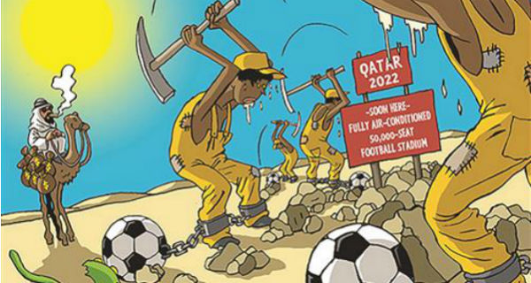 رسم كاركاتيري عن اوضاع العمال الاجانب في التحضير لمونديال قطر