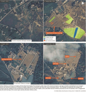 Satellite photos showing Russian bases in Syria. Published Credit: Airbus/IHS Jane’s Intelligence Review