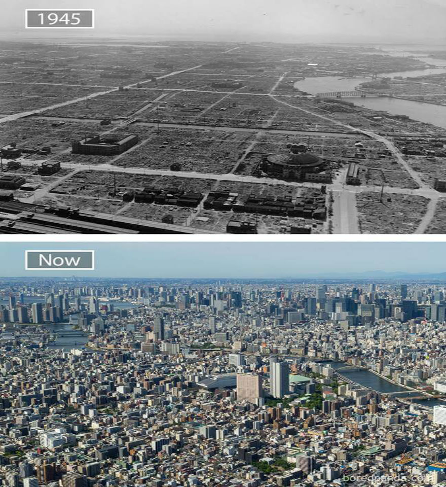 طوكيو-اليابان، في الزمن الماضي عام 1945 و في الوقت الحاضر