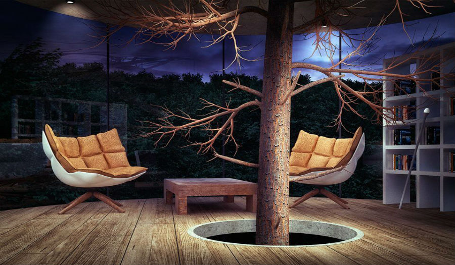 غرفة الجلوس في المنزل الأسطواني الملتف حول الشجرة في غابات كازاخستان