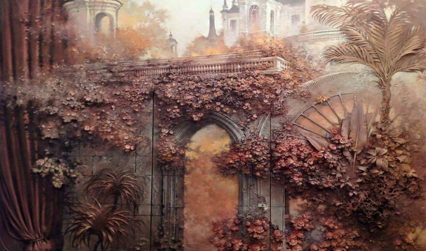 تقنية النحت البارز على شكل بوابة قصر وزهور ملونة بواسطة الفنان الروسي «غوغا تانداشفيلي»