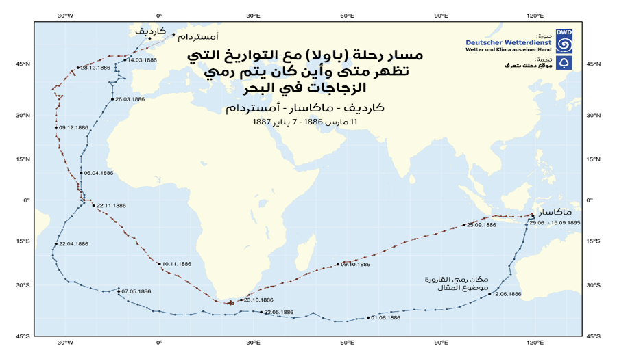 مسار رحلة السفينة الألمانية «باولا» مع التواريخ
