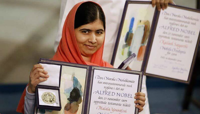 "ملالا يوسفزي" الحائزة على جائزة نوبل للسلام عام 2014م.
