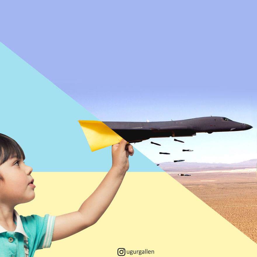 صورة للفنان التركي "أوغور جالن"، تظهر التناقض بين العالمين المختلفين من خلال مشهد لطفل يلعب بطائرة ورقية بينما مشهد مقابل يظهر طائرة حربية تنزل صواريخها على الشعب.