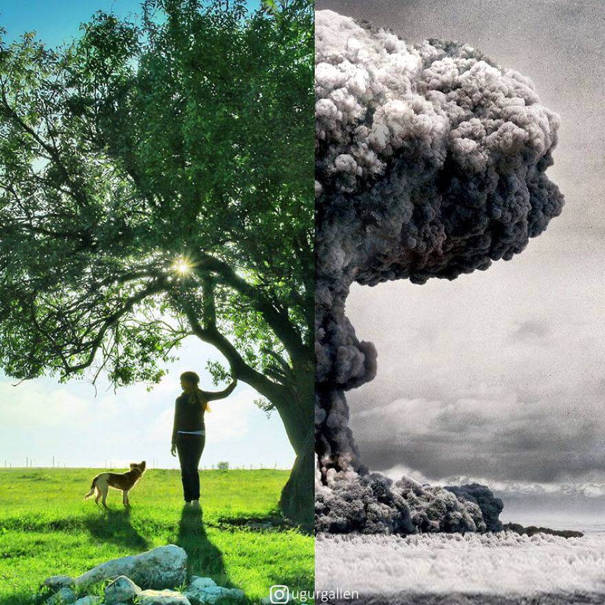 صورة تظهر التناقض بين حياة مشرقة وآمنة وأخرى مليئة بالإنفجارات، للفنان التركي "أوغور جالن".