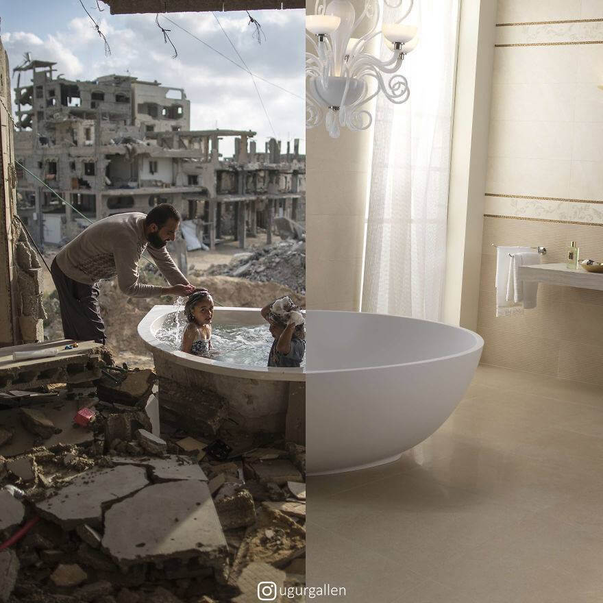 صورة التناقض بين حمام مغلق وجميل، وحمام مكشوف ومكانه في الدمار ، للفنان التركي "أوغور جالن".