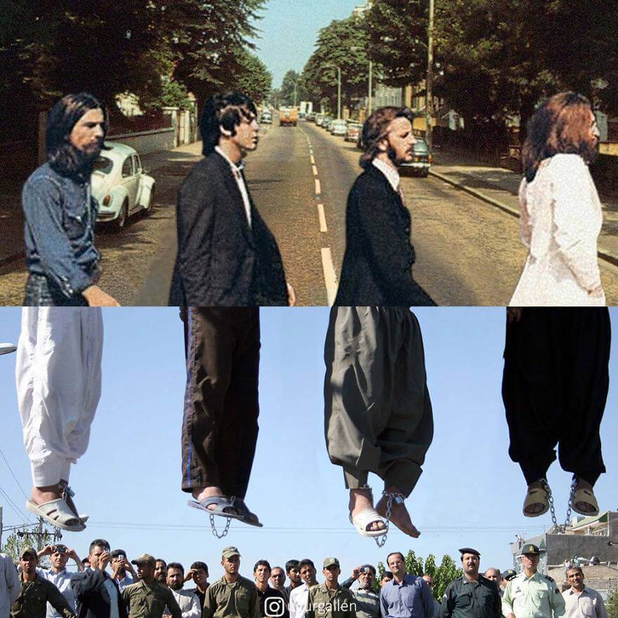 صورة تبين التناقض بين العالمين من حيث ترك المجرمون يرحلون بينما الأبرياء يعدمون، للفنان التركي "أوغور جالن".