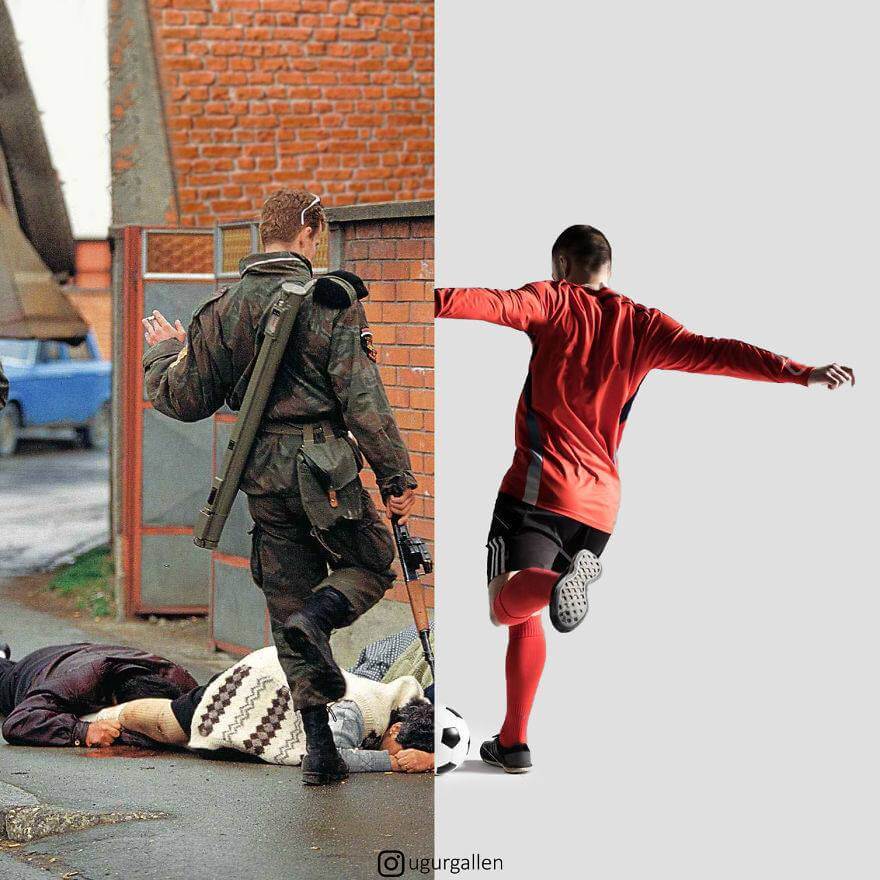 صورة للفنان التركي "أوغور جالن"، تعبّر عن لاعب كرة يركل الكرة، بينما أحد العسكريين يركل البشر.
