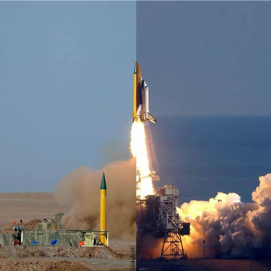 صورة تبين التناقض بين صاروخ فضائي ينطلق الى المريخ وصاروخ حربي ينطلق ليقتل الأبرياء، للفنان التركي "أوغور جالن".
