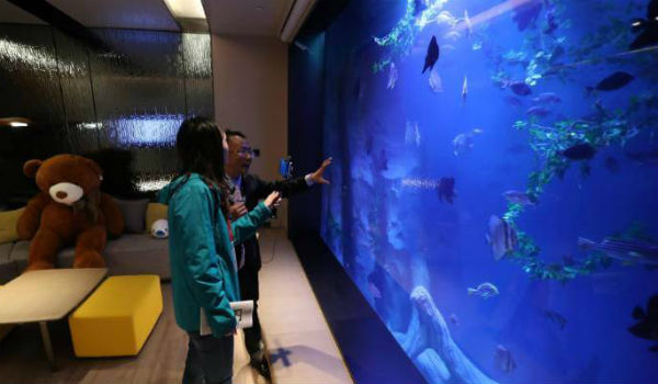 حوض السمك الكبير أسفل فندق "إنتركونتيننتال شانهاي وندرلاندا" في الصين.