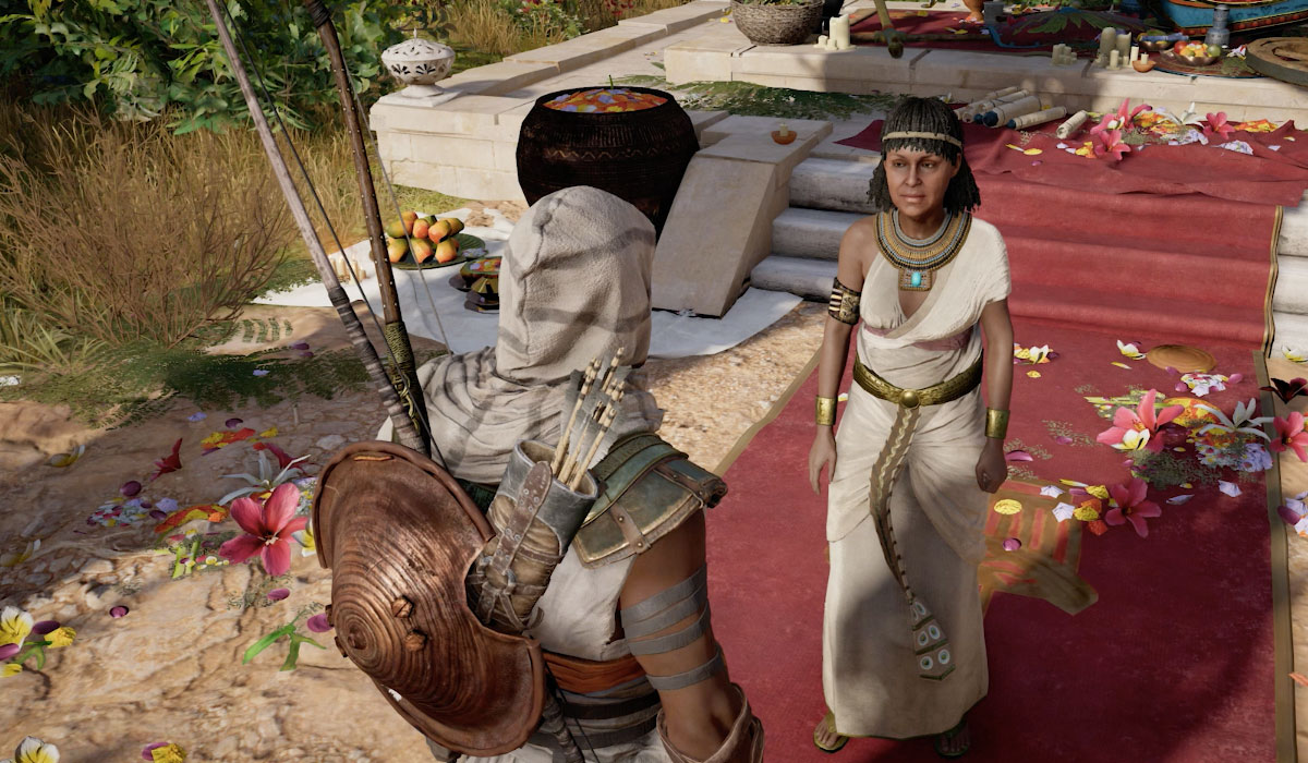 شخصية "بايك" في لعبة "Assassin’s Creed: Origins" أثناء إلتقائه بإحدى الشخصيات التاريخية الحقيقية في مصر.