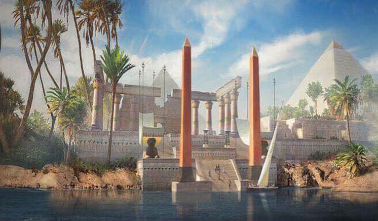 نهر النيل بجانب الحضارة المصرية القديمة كما تخيلتها لعبة "Assassin's Creed Origins" الشهيرة.