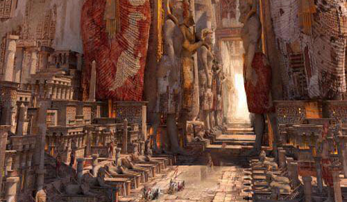 بوابة كبيرة وتماثيل عمالقة تمثل الحياة المصرية الفرعونية بعيون لعبة "Assassin's Creed Origins" الشهيرة.