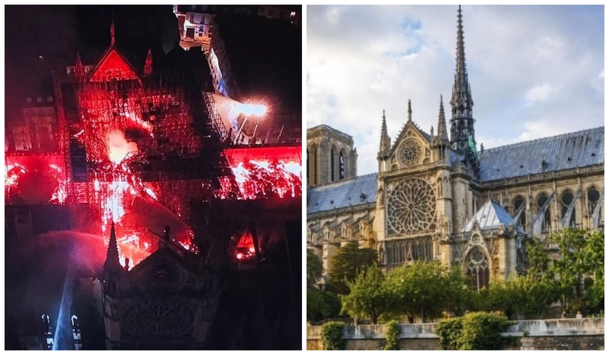 صورة لكاتدرائية نوتردام التاريخية في باريس قبل الحريق، وصورة أخرى تبين الحريق الهائل الذي دمّر سقفها بالكامل.