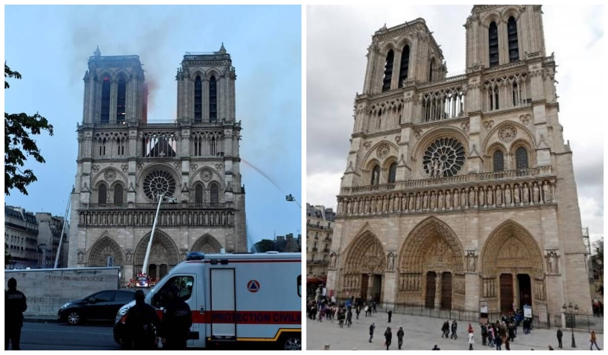في الصورة الأولى صورة لكاتدرائية نوتردام التاريخية في باريس قبل الحريق حيث يتواجد السياح، أما الصورة الثانية فهي لسيارات الإسعاف والشرطة ورجال الإطفاء حيث يحاولون إخماد الحريق.