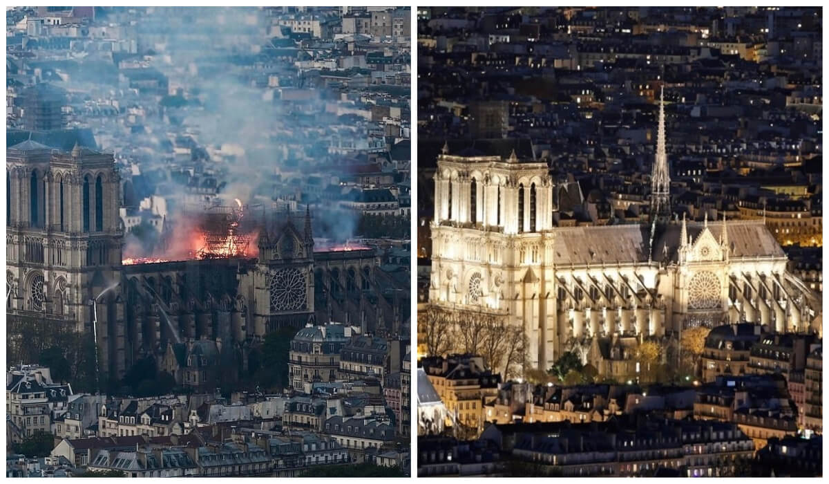 في الصورة الأولى صورة لكاتدرائية نوتردام التاريخية في باريس قبل الحريق من الداخل، أما الصورة الثانية فهي لرجال الإطفاء يحاولون إخماد الحريق.