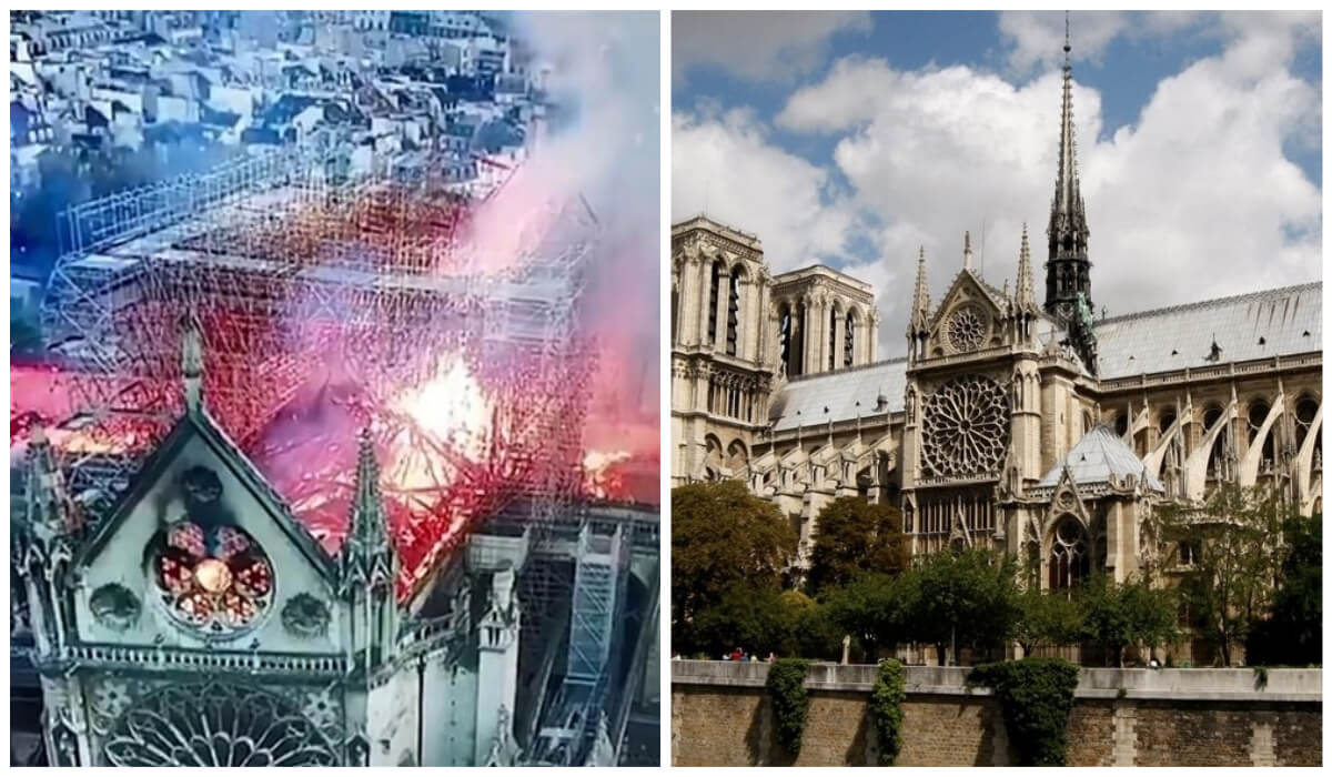 كاتدرائية نوتردام التاريخية في باريس قبل الحريق في الصورة الأولى، وفي الصورة الثانية حيث الحريق الضخم الذي إندلع فيها أمس الإثنين.