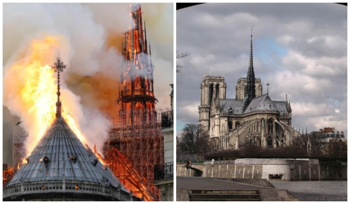 كاتدرائية نوتردام التاريخية في باريس قبل الحريق، وصورة أخرى تبين الحريق الهائل حيث إستطاع رجال الإطفاء السيطرة على الحريق وإخماده  أمس الإثنين بعد 5 ساعات من اندلاعه.