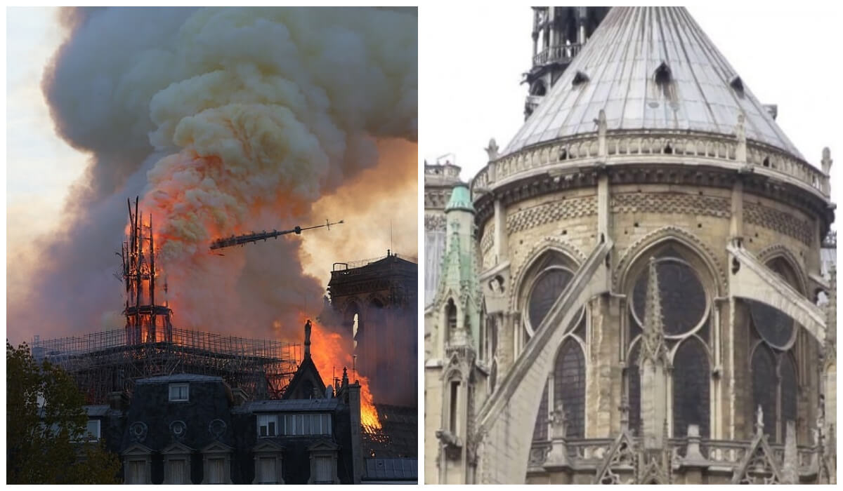 كاتدرائية نوتردام التاريخية في باريس قبل الحريق، وكارتدائية نوتردام بعد الحريق الهائل حيث قضى على سقفها وبرجها.
