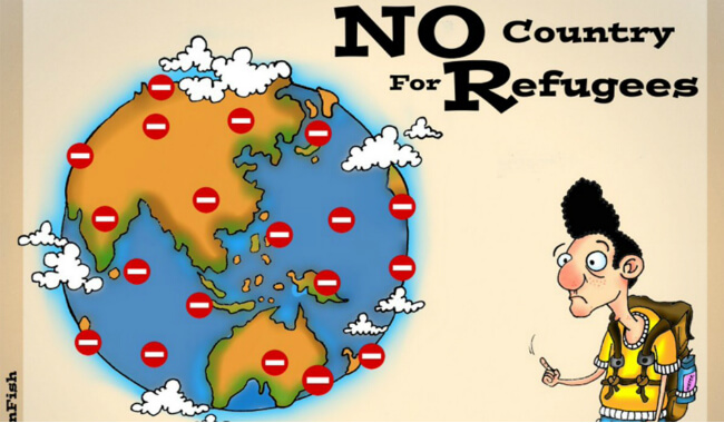 رسم كاريكاتيري للرسام الإيراني "علي دوراني" بعنوان "لا يوجد بلد للاجئين".