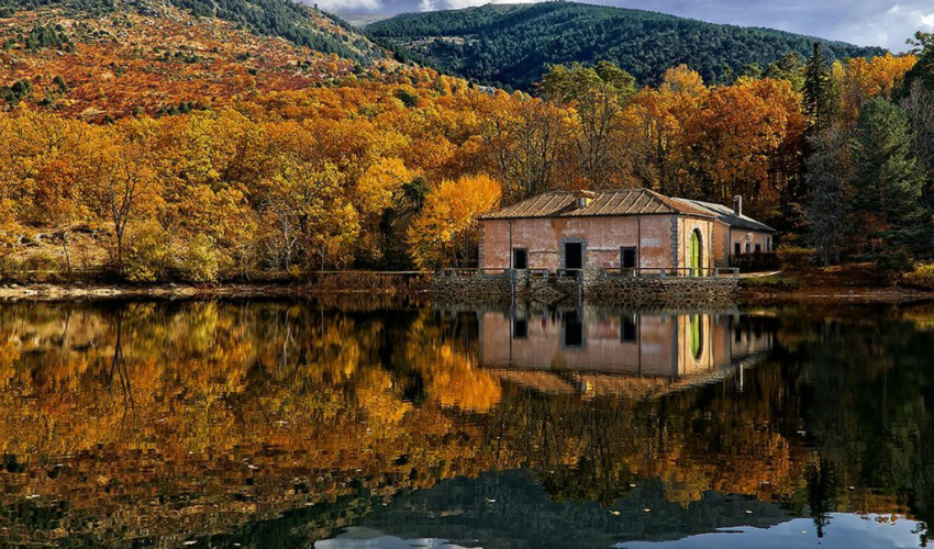 الخريف يزين أشجار مزرعة سان إلديفونسو سيغوفيا بإسبانيا، ويعكس المنظر الجميل على البحيرة.