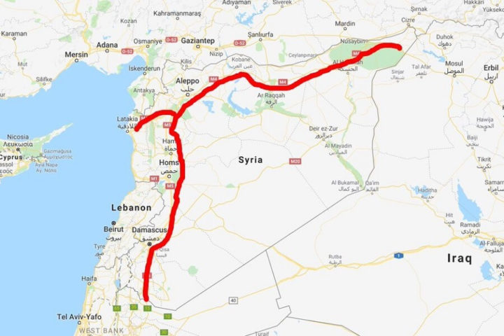خريطة توضح مسار الطريق الدولي البري في سوريا