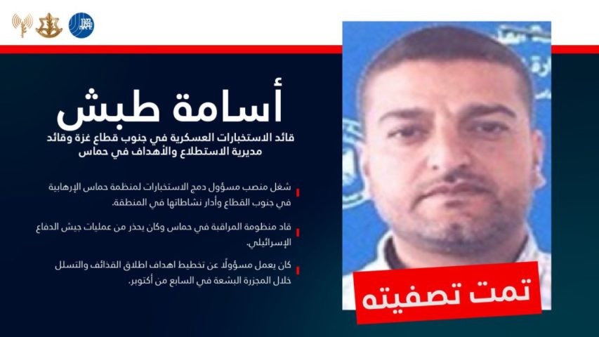 من هو أسامة طبش.. إسرائيل تزعم اغتيال رئيس الاستخبارات العسكرية لحماس