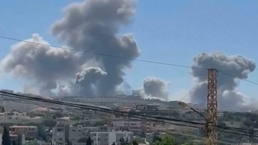 smoke rise following Israeli airstrikes that targeted hilltops near Nabatieh town, south Lebanon (AP)