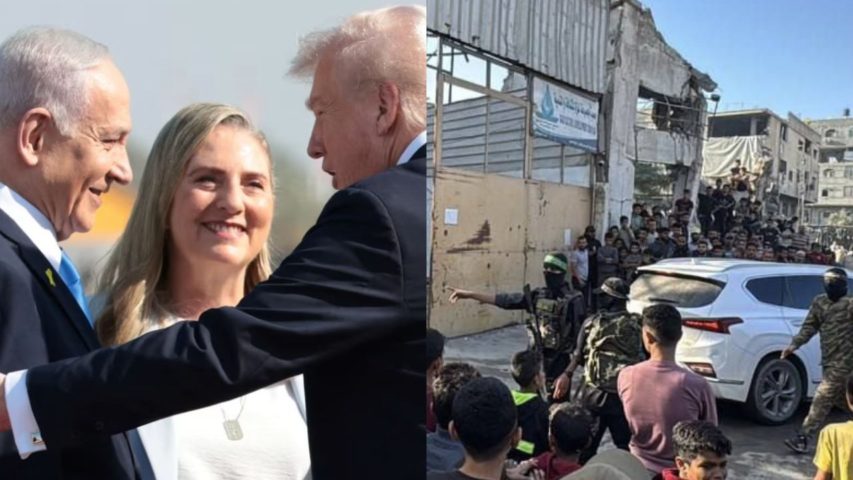 Trump in Israel and Hamas Freeing Prisoners in Gaza (Collage :Janoubia)