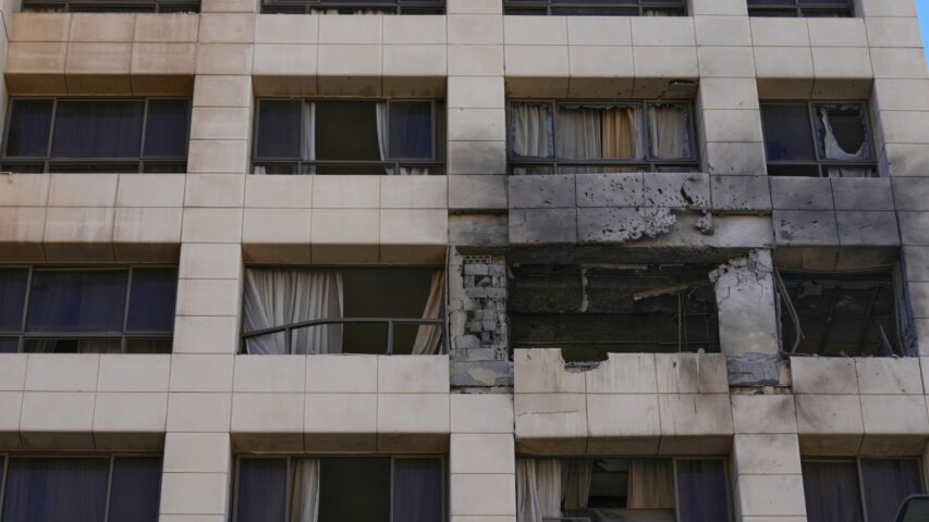 Damaged hotel rooms hit by Israeli strike are seen in Raouche Beirut March 8 2026 (AP)